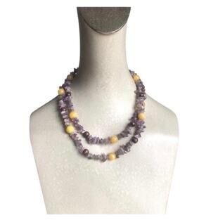 Purple Yellow Beaded Single Strand Necklace Irregular Stone Look Boho Statement